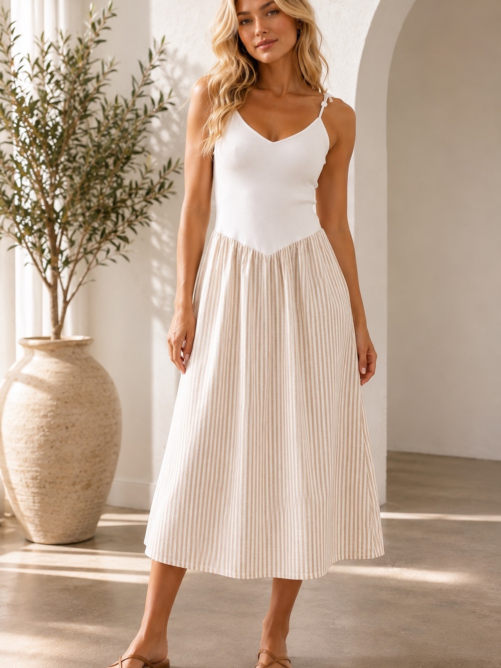 White Ribbed Midi Dress | Beige Stripe Cotton Skirt | Size Large